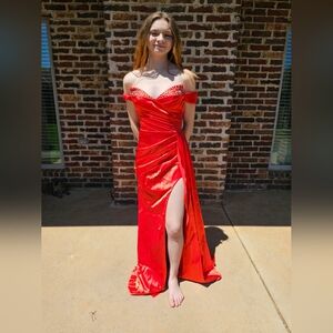 Red Ruched Off-Shoulder Prom Gown